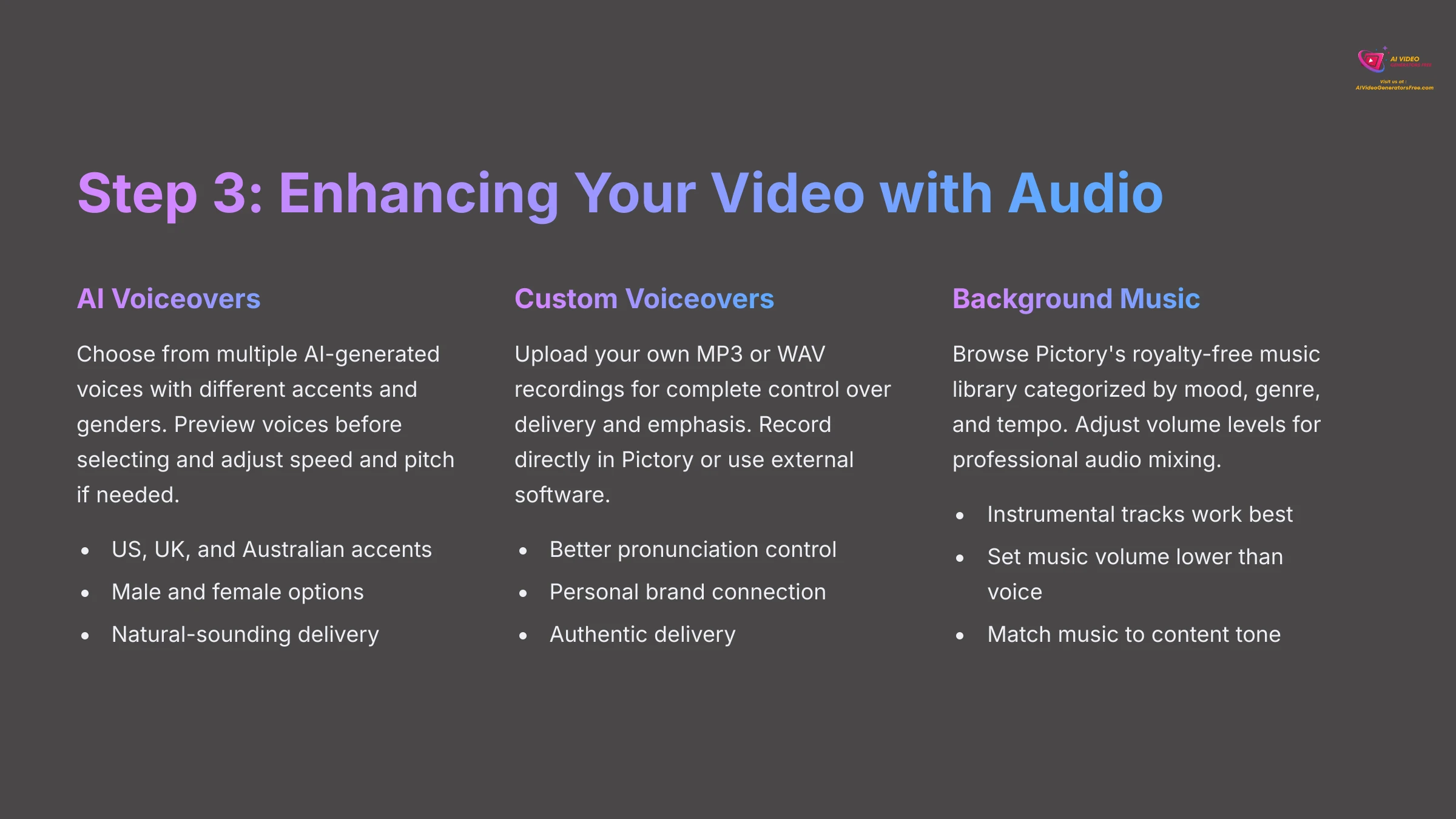 Step 3: Enhancing your video with audio in Pictory