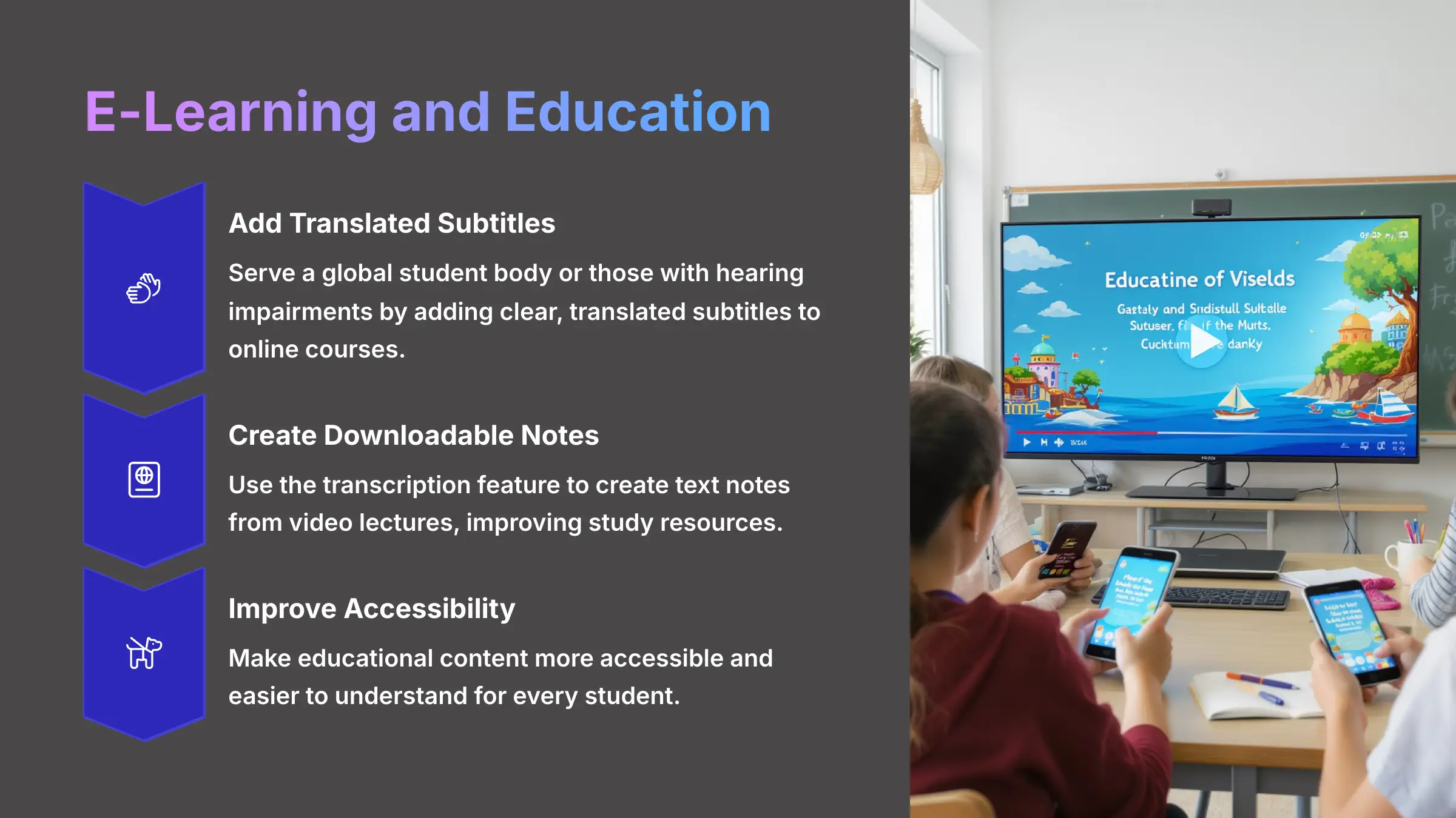 E-learning and education applications for SubtitleBee