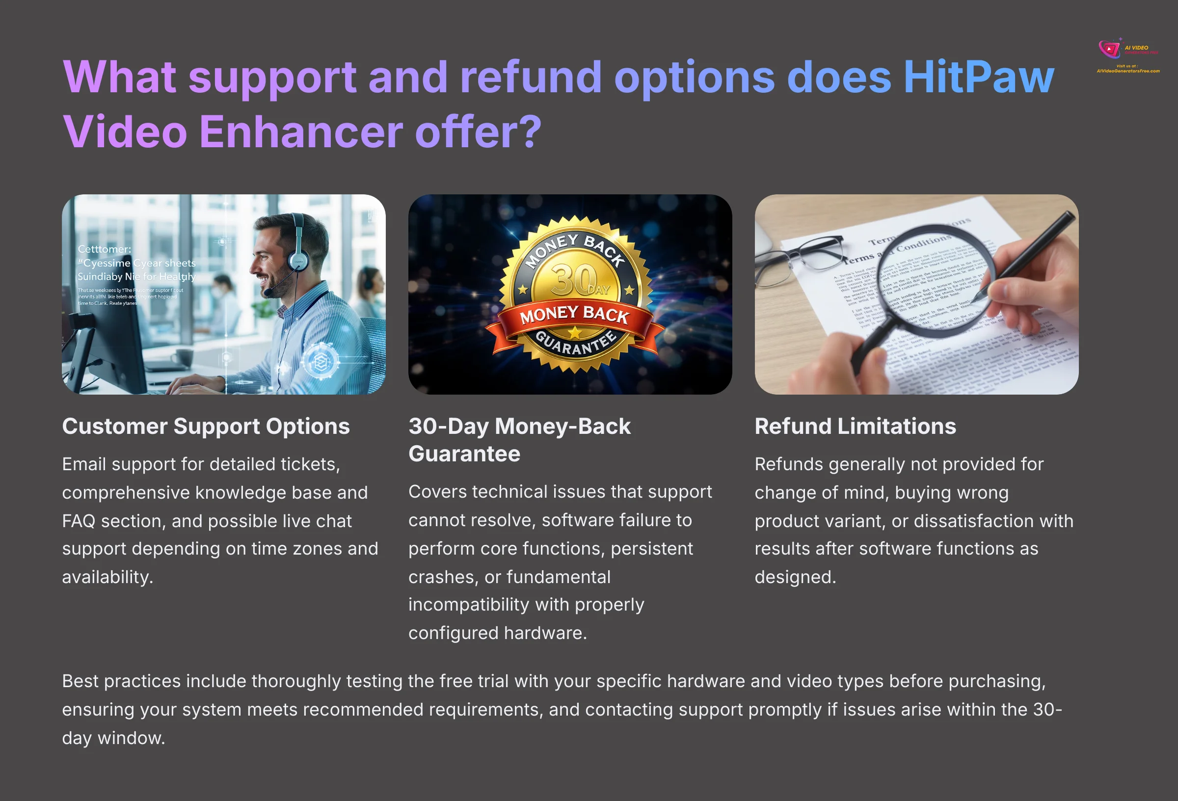 What support and refund options does HitPaw Video Enhancer offer