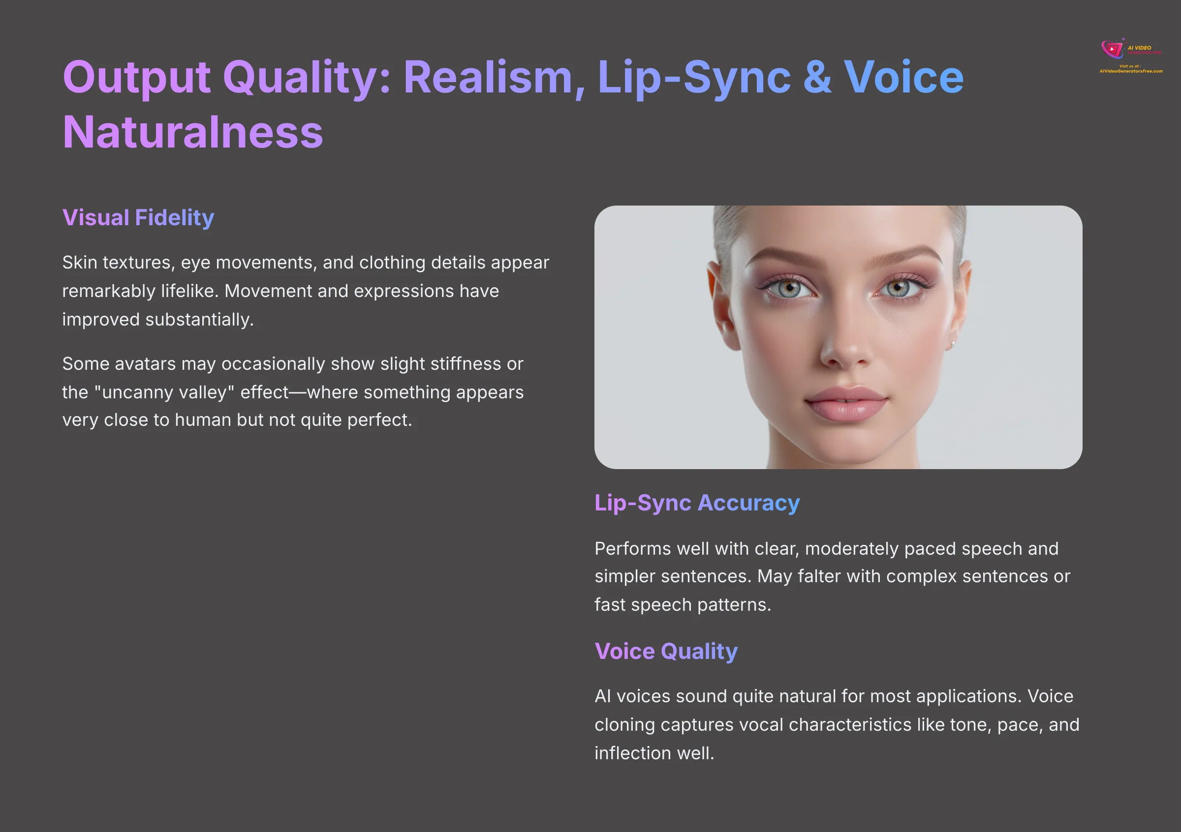 Output Quality Realism Lip-Sync and Voice Naturalness