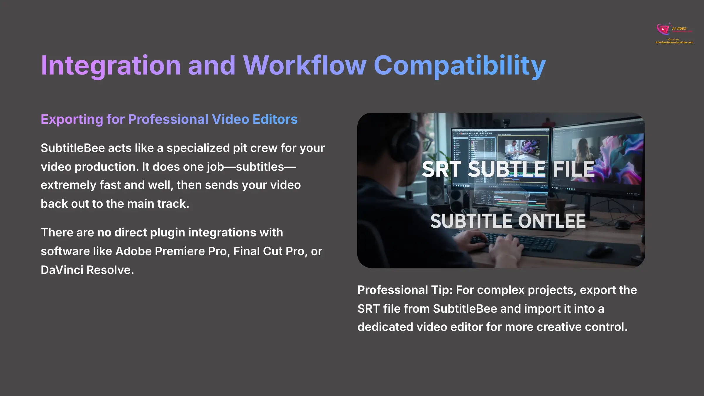 Integration and workflow compatibility for SubtitleBee