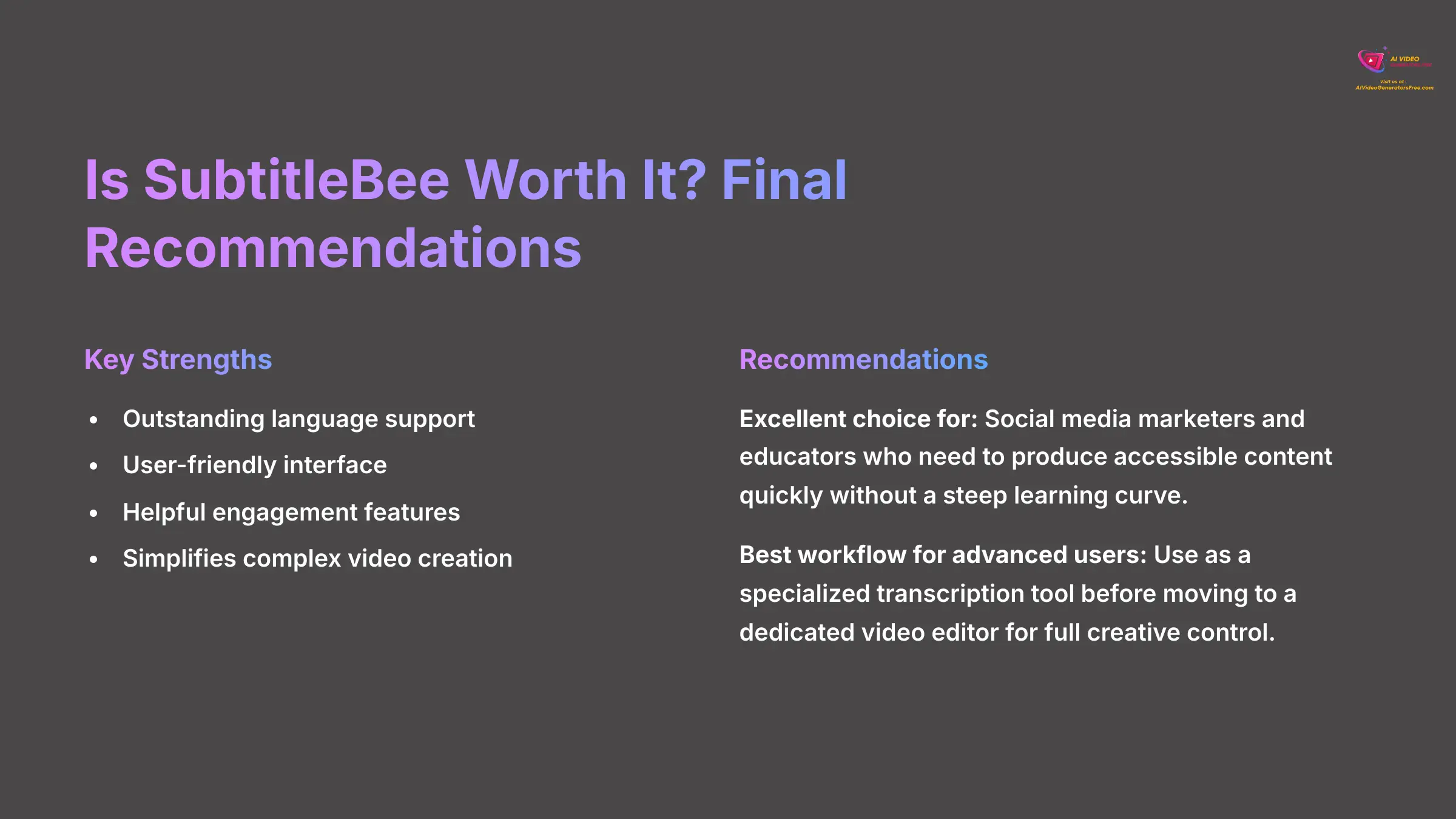 Final recommendations - Is SubtitleBee worth it?