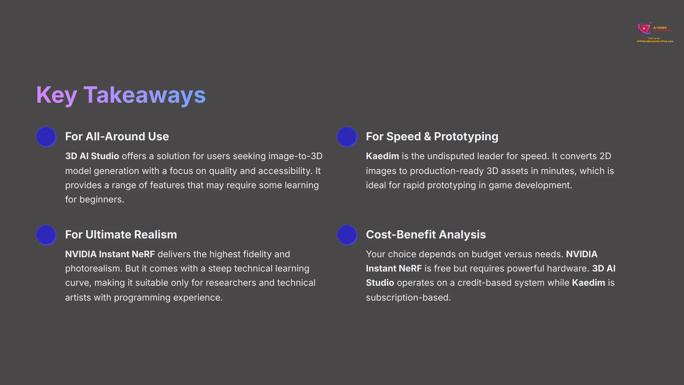 Key Takeaways - 3D AI Studio vs Kaedim vs Instant NeRF