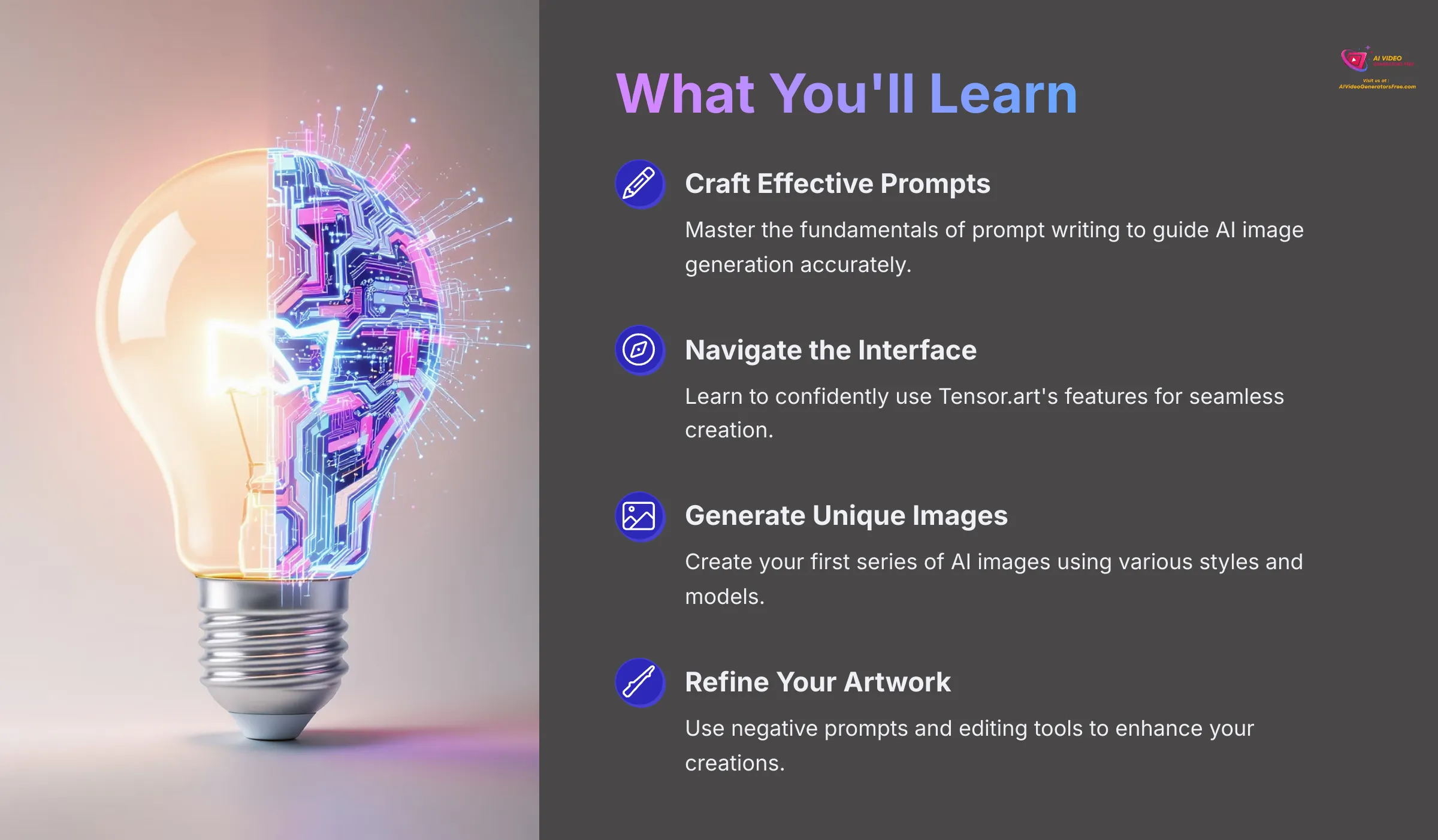 An overview of what will be learned in the Tensor.art tutorial