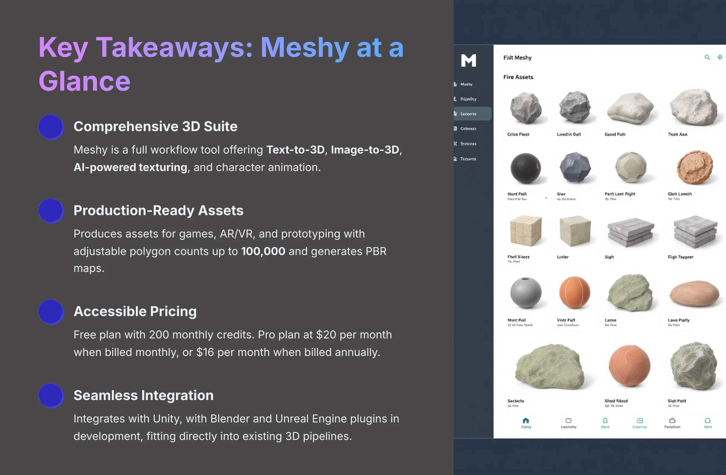 3_Key-Takeaways-Meshy-at-a-Glance_AI-video-generators-free_aivideogeneratorsfree.com_