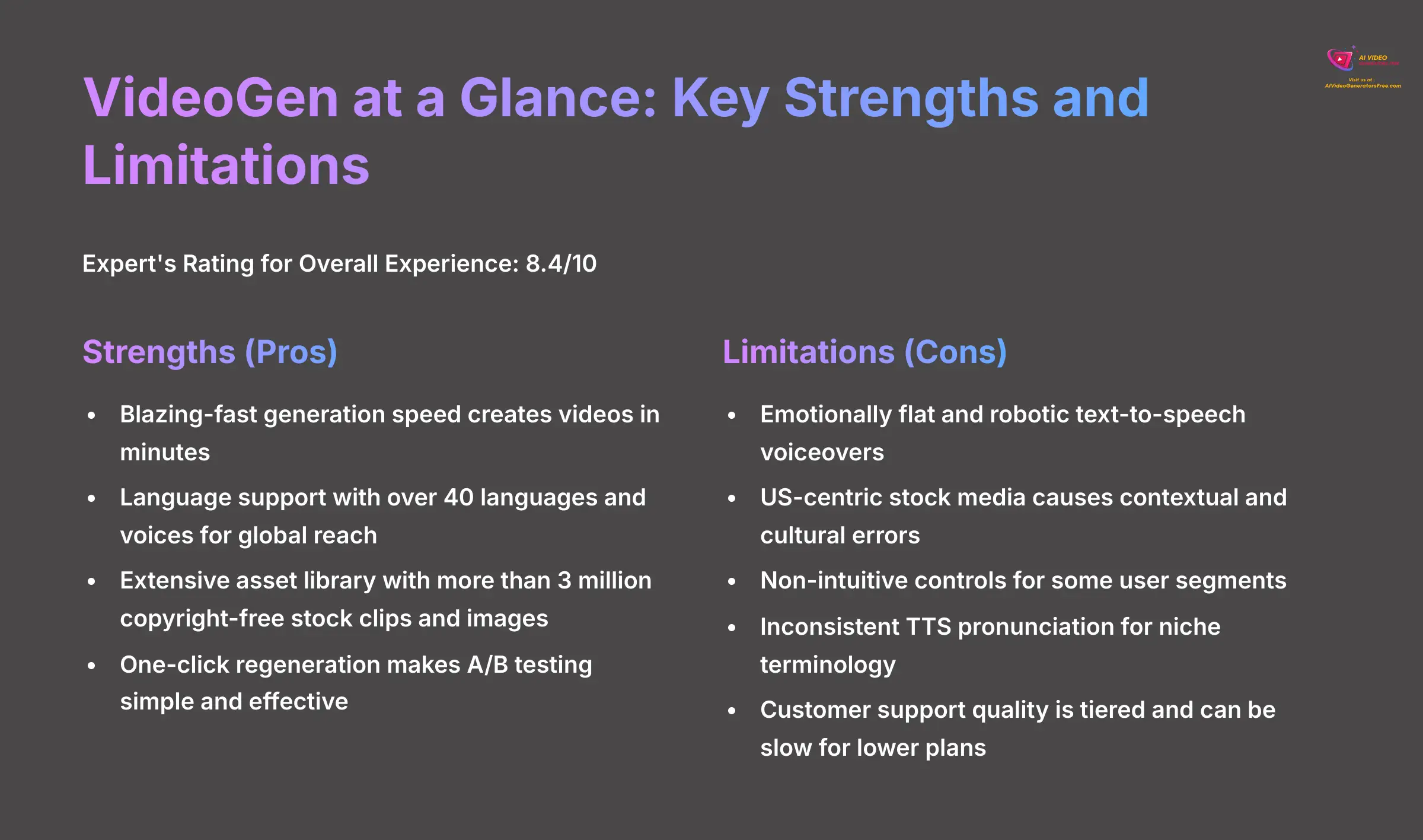 VideoGen at a Glance - Key Strengths and Limitations