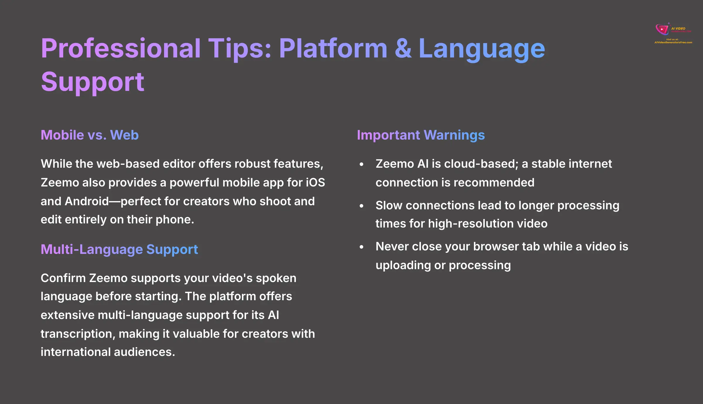 4_Professional-Tips-Platform-and-Language-Support_AI-video-generators-free_aivideogeneratorsfree.com_