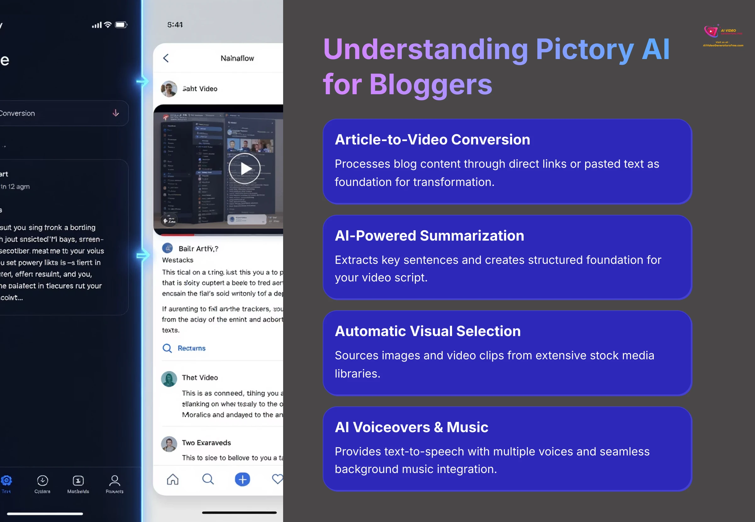 Diagram explaining Pictory AI's core features for bloggers