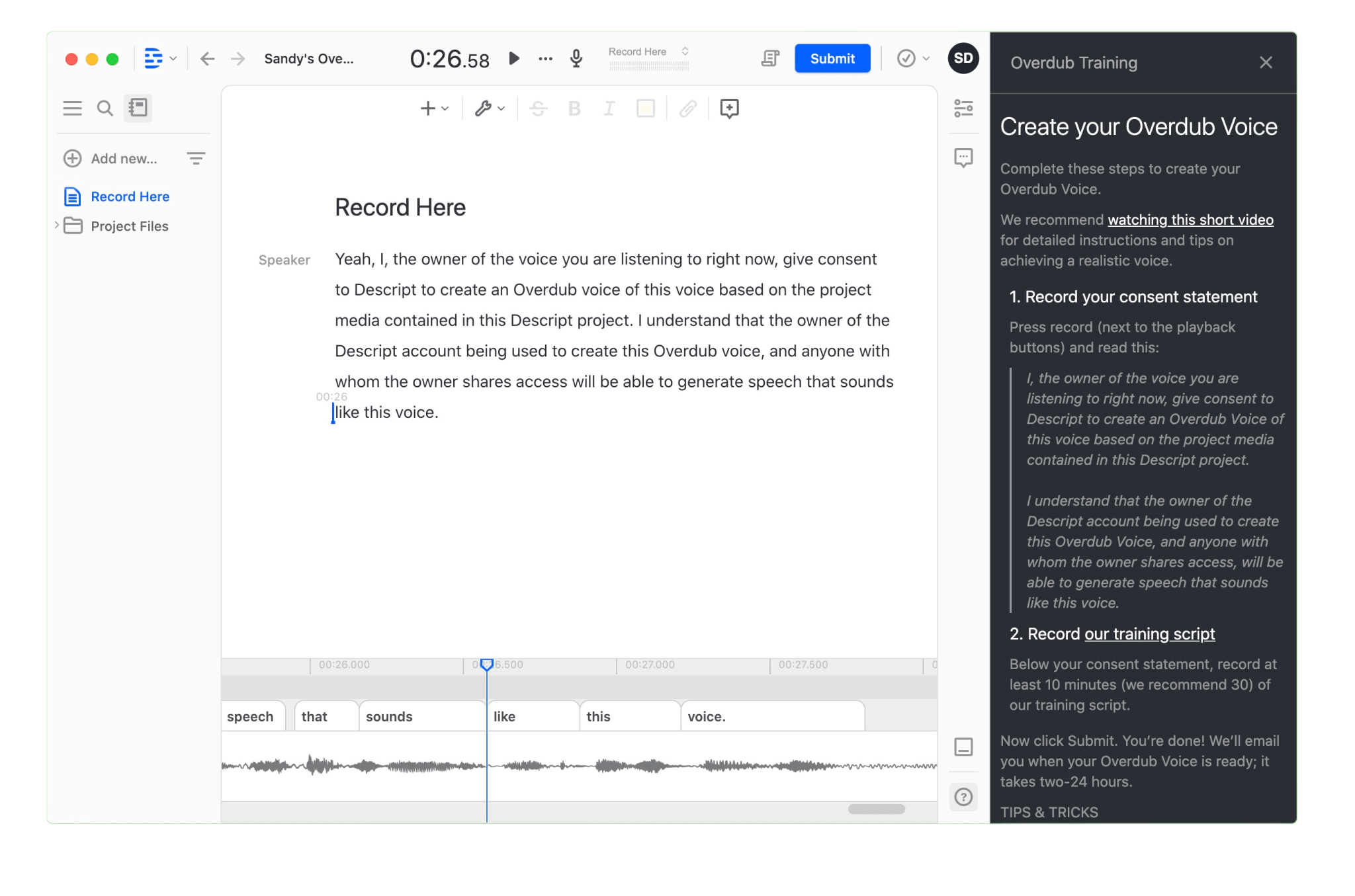 Descript Overdub AI Voice Cloning Interface