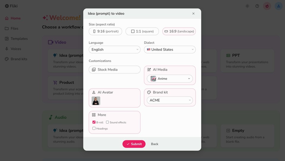 Fliki interface