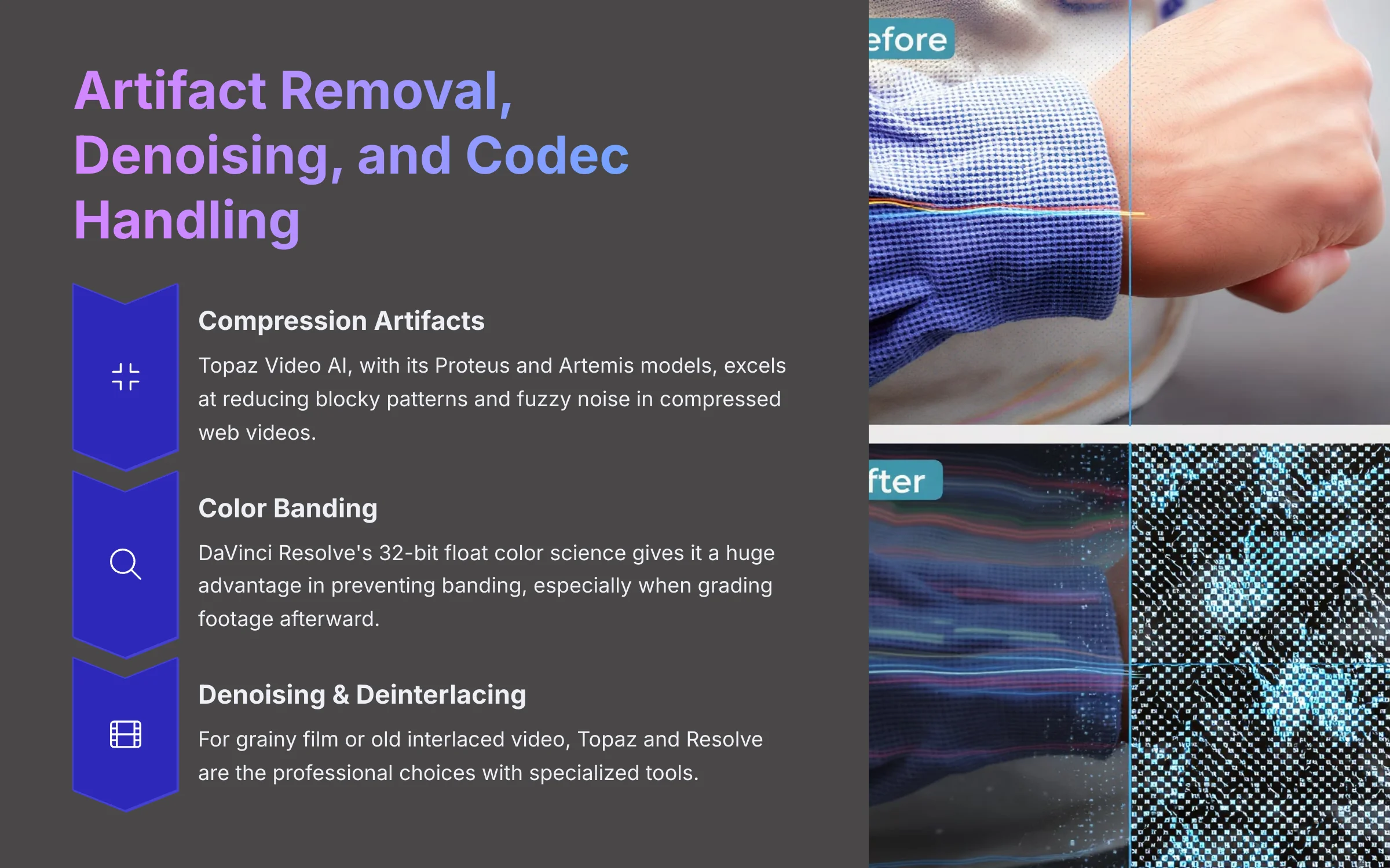 Artifact Removal Denoising and Codec Handling capabilities