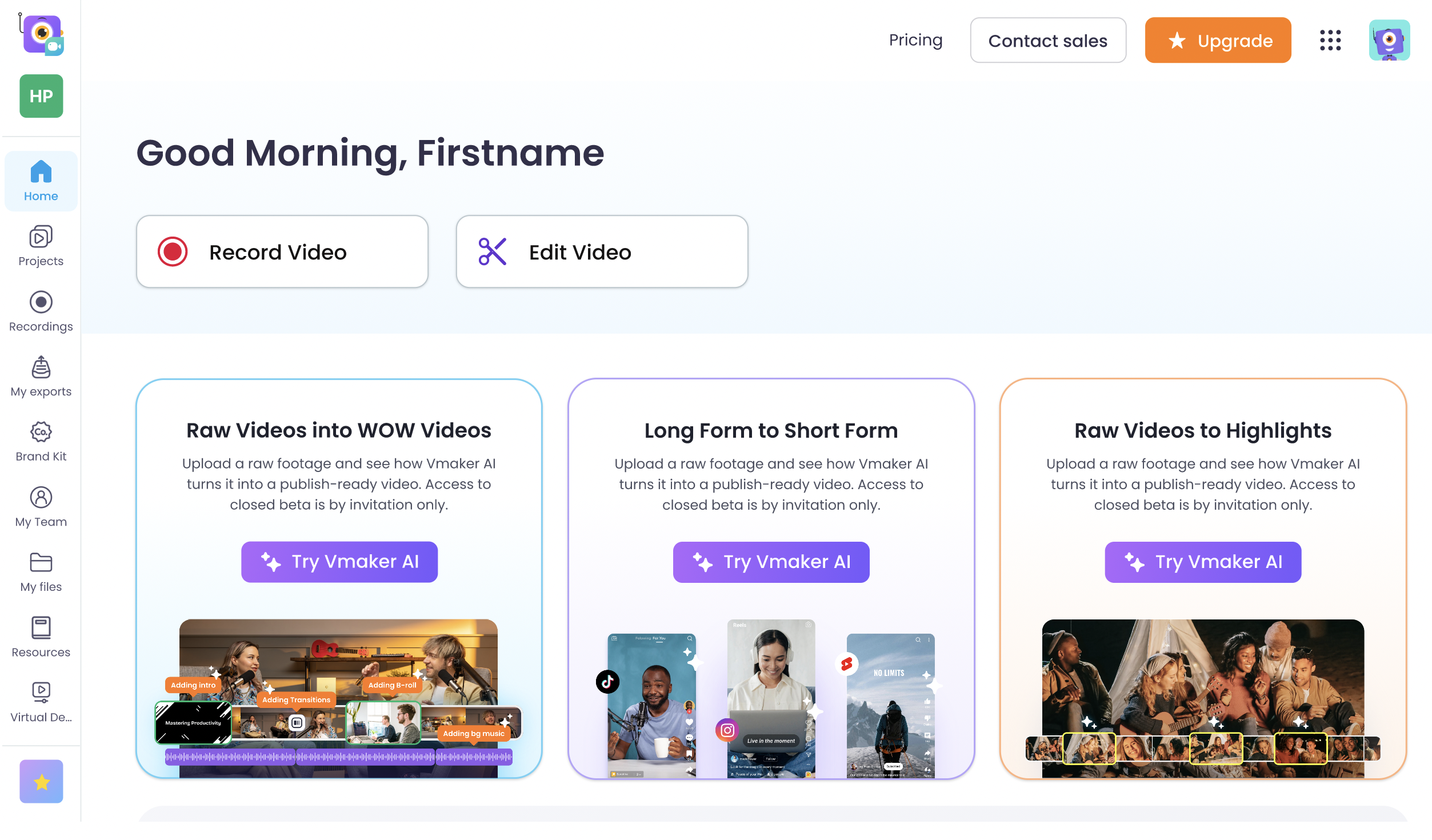 Vmaker AI Interface Dashboard Screenshot