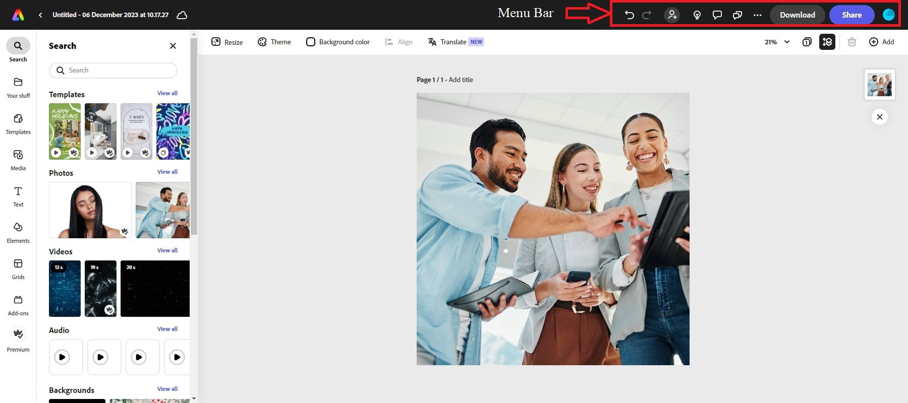 Adobe Express Video Editor Interface
