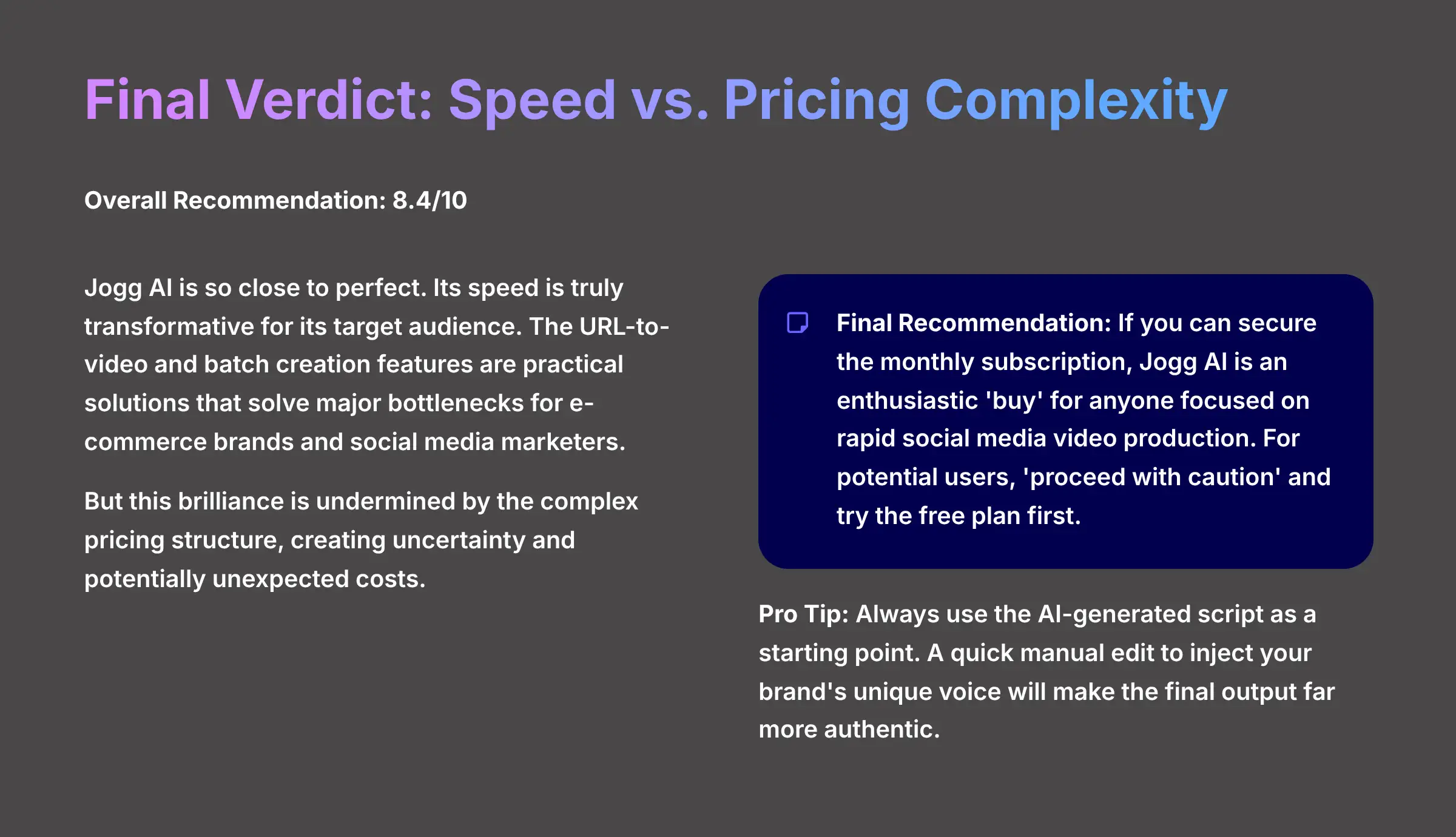 Final Verdict - Speed vs Pricing Complexity