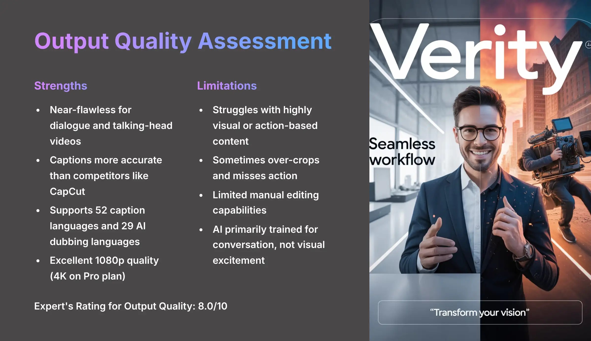 Output quality assessment results for Klap AI video tool