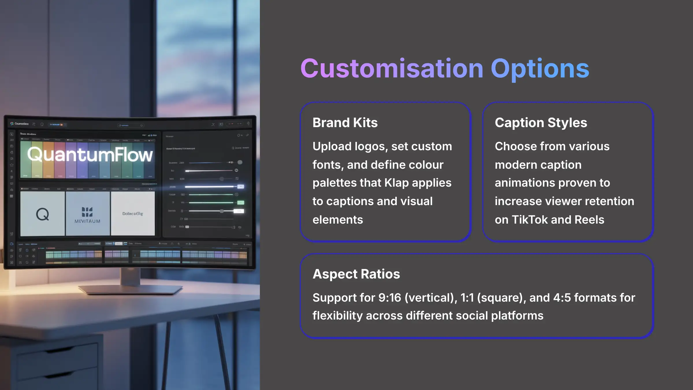 Brand customization options and aspect ratio settings in Klap