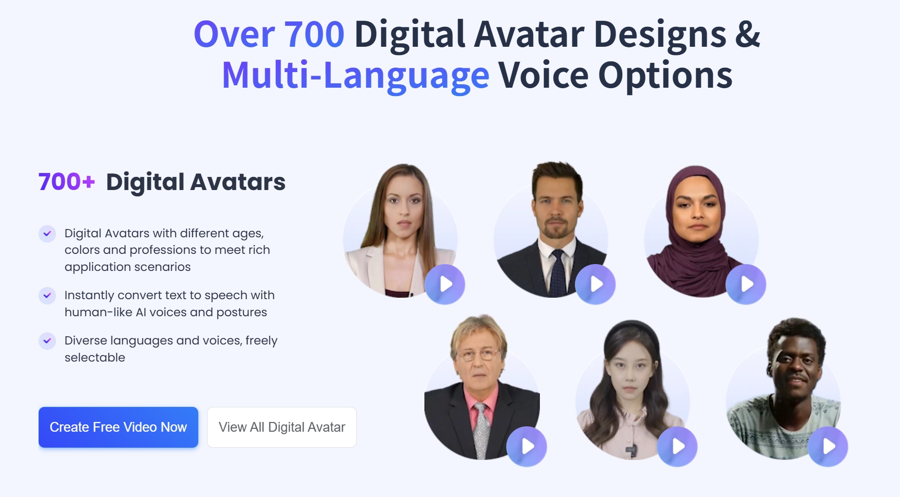 Kreadoai platform interface showing multiple avatars and language options