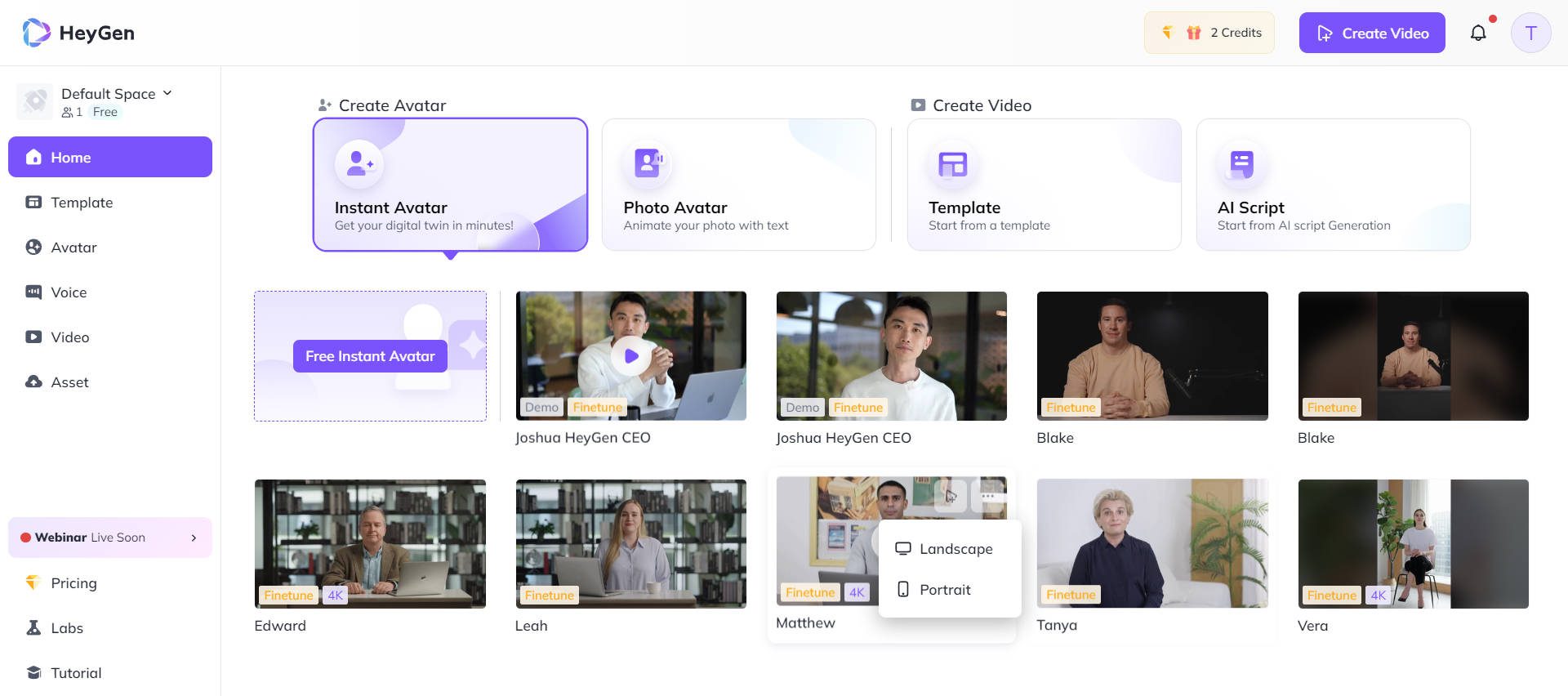 HeyGen platform interface with avatar selection