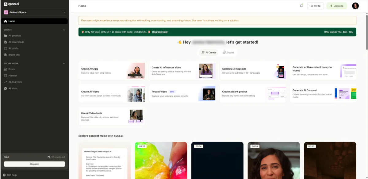 Quso AI Content Repurposing Platform Interface