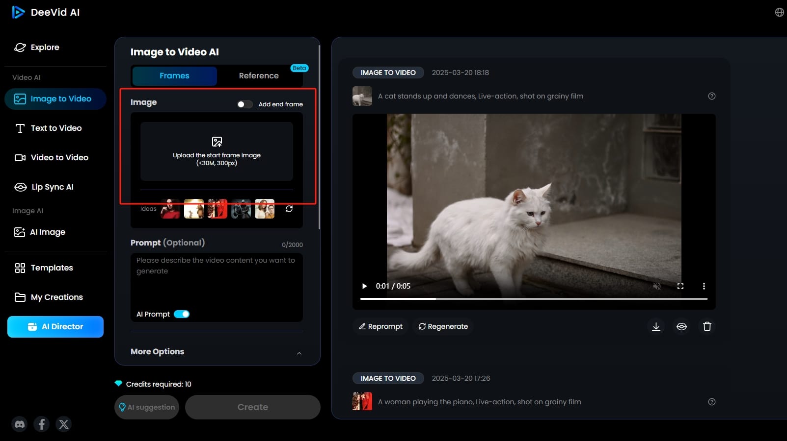 Deevid AI image to video generation interface