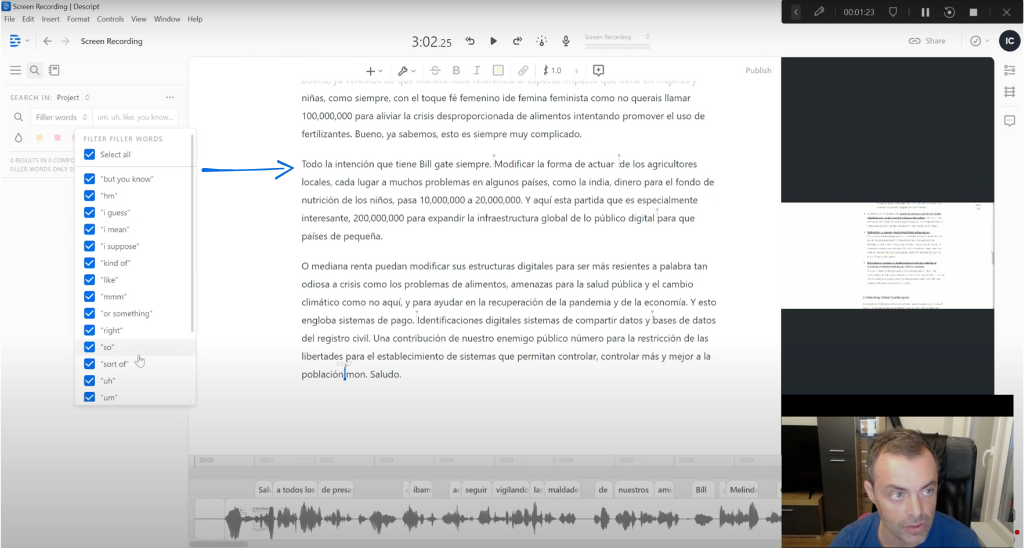 Gling AI text-based editor showing highlighted filler words