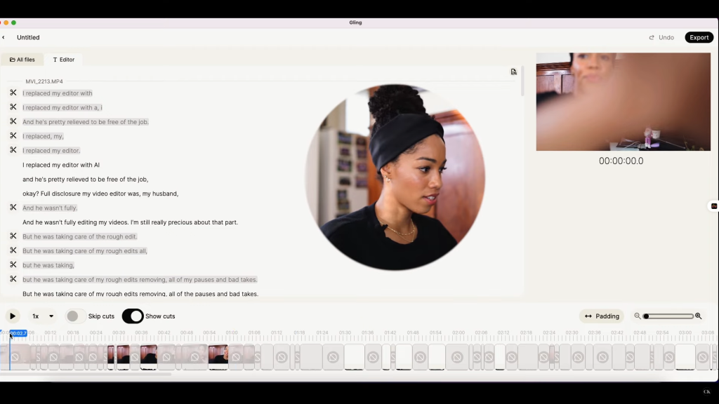 Gling transcript-based editing interface