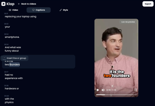 Klap AI interface dashboard showing video editing features