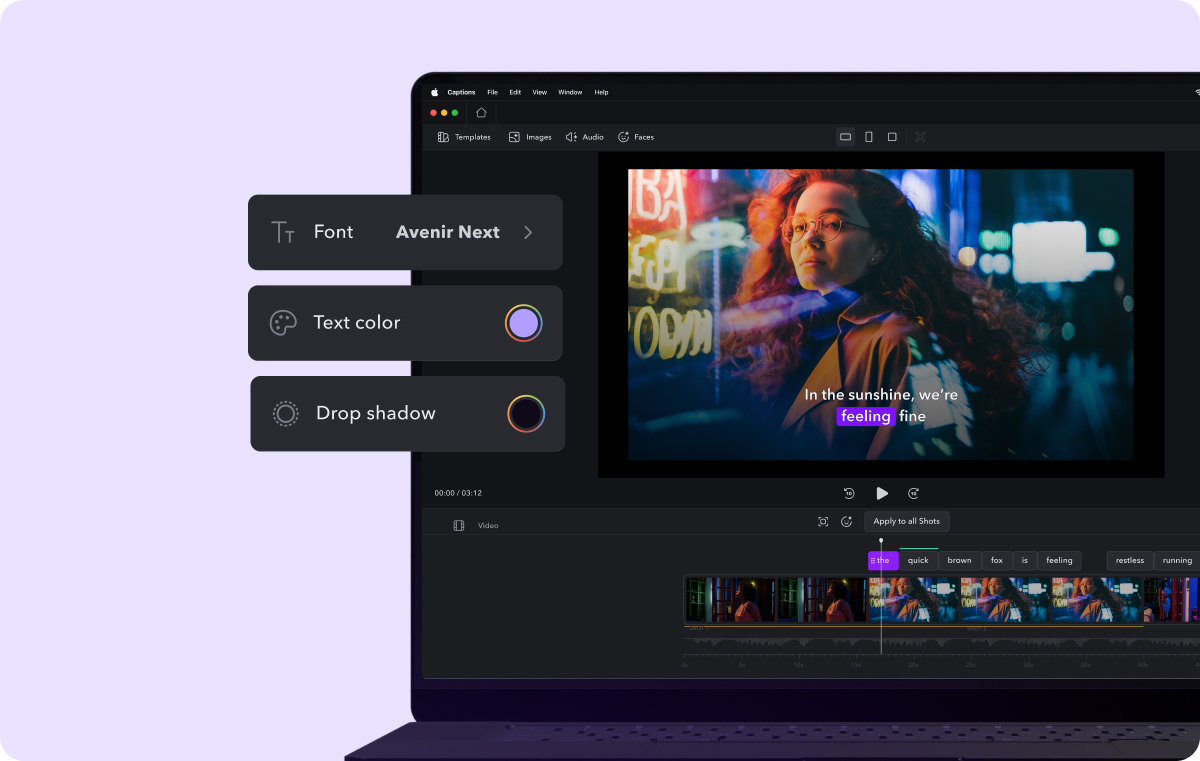 Video editor interface showing transcript and timeline