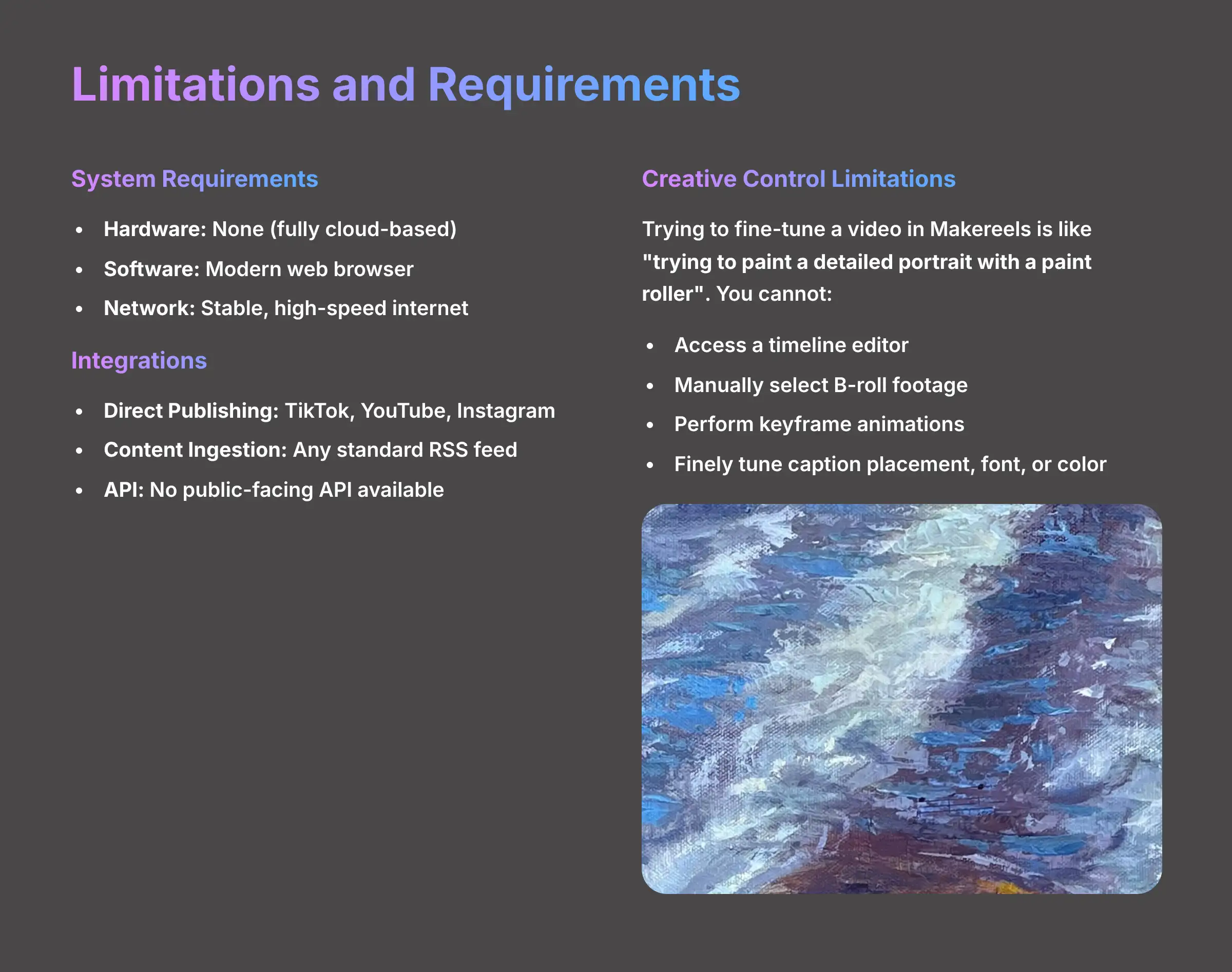 System Requirements and Known Limitations of Makereels AI