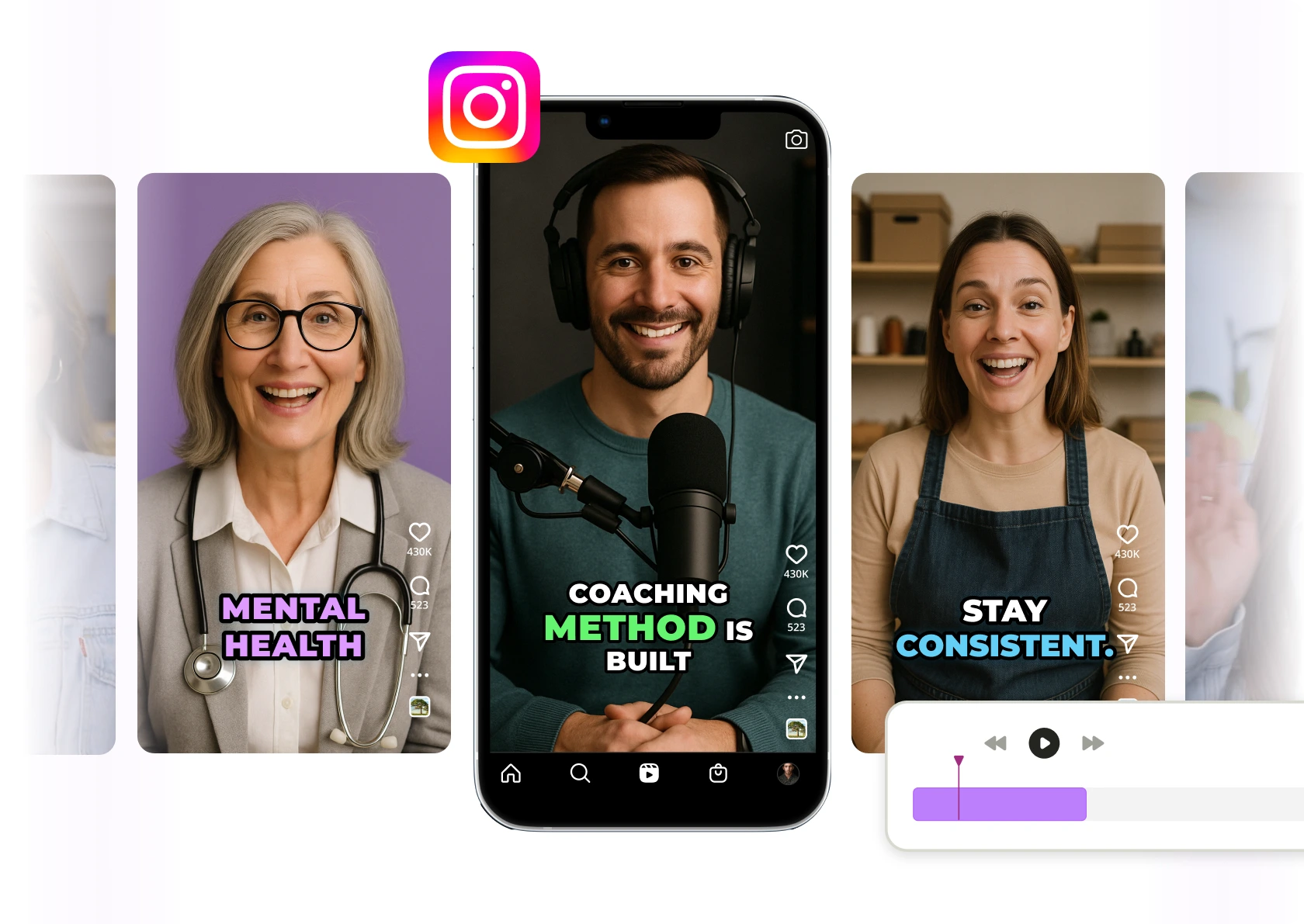 AI Instagram Reel Maker workflow interface showing video transformation process