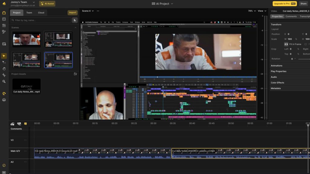 AI video editing timeline interface showing pacing and music sync controls
