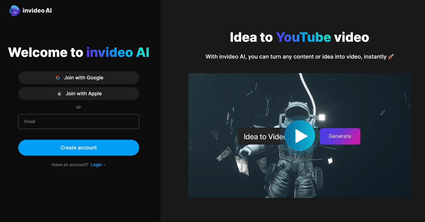 InVideo AI interface - comprehensive video creation platform