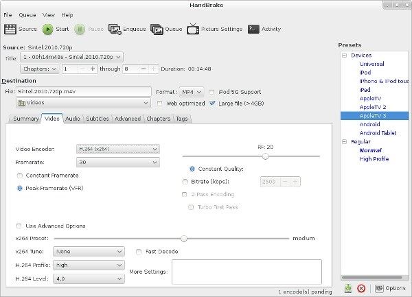 HandBrake video converter interface